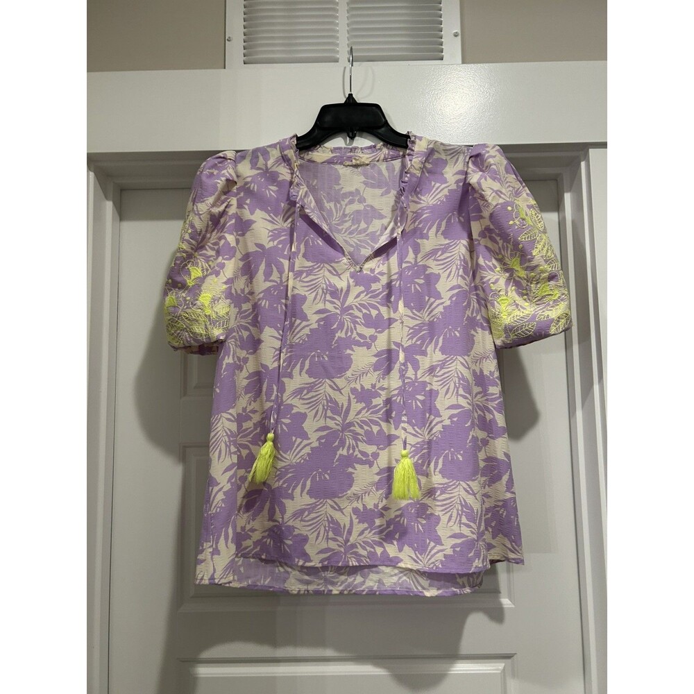 Size Large Jodifl Embroidered Puff Sleeve Purple Floral Green Top Blouse Boho